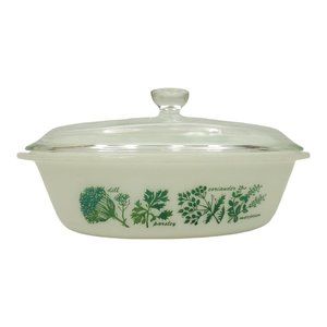 Vintage Glasbake J235 1Qt Casserole Dish Herb Garden Pattern With Lid Milk Glass